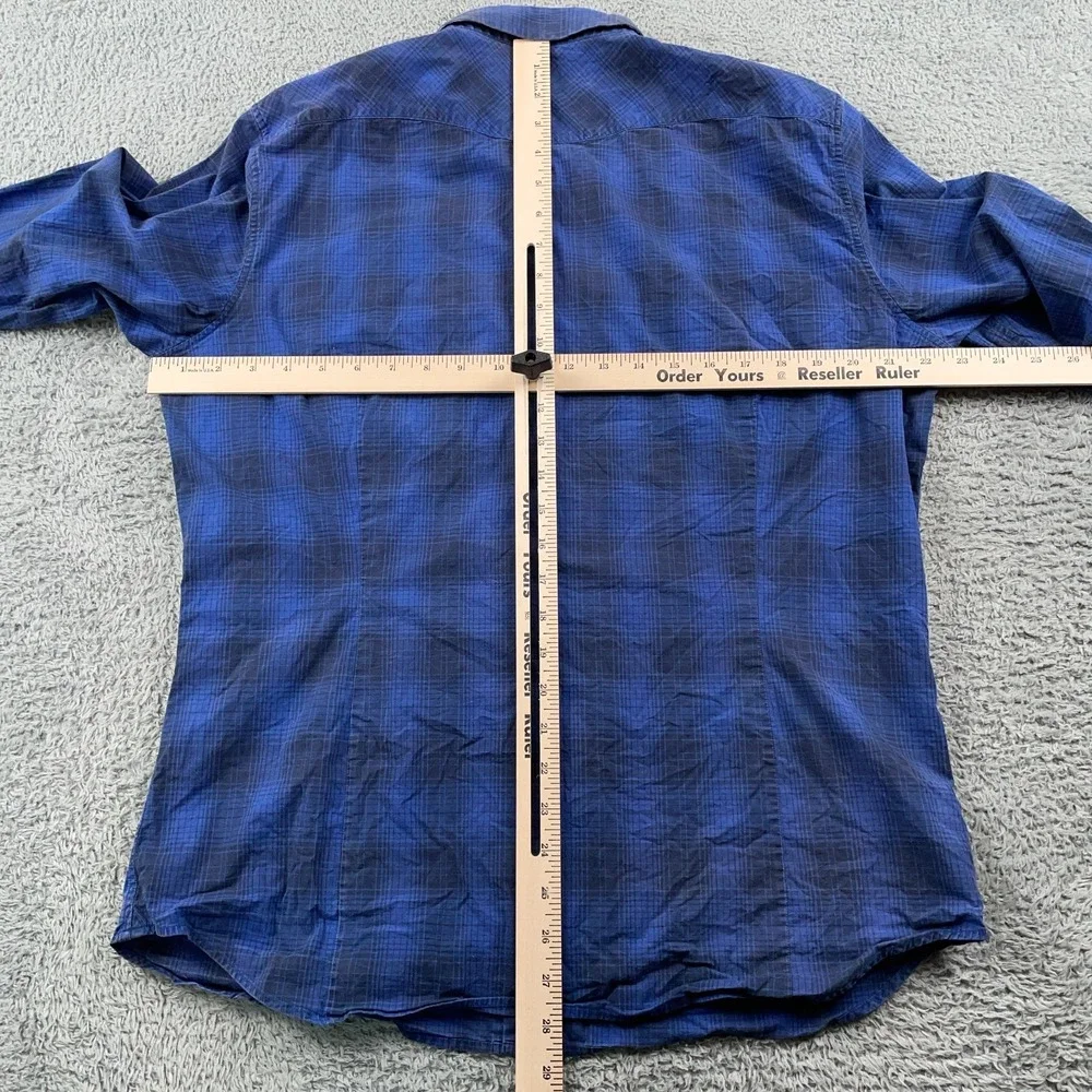 Banana Republic Shirt Mens Large Blue Pearl Snap Plaid Slim Fit Western